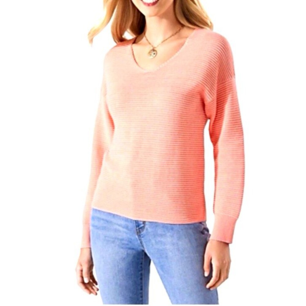 Tommy Bahama Womens sz M Coral Knit V-Neck Long Sleeve Pullover Sweater Ribbed